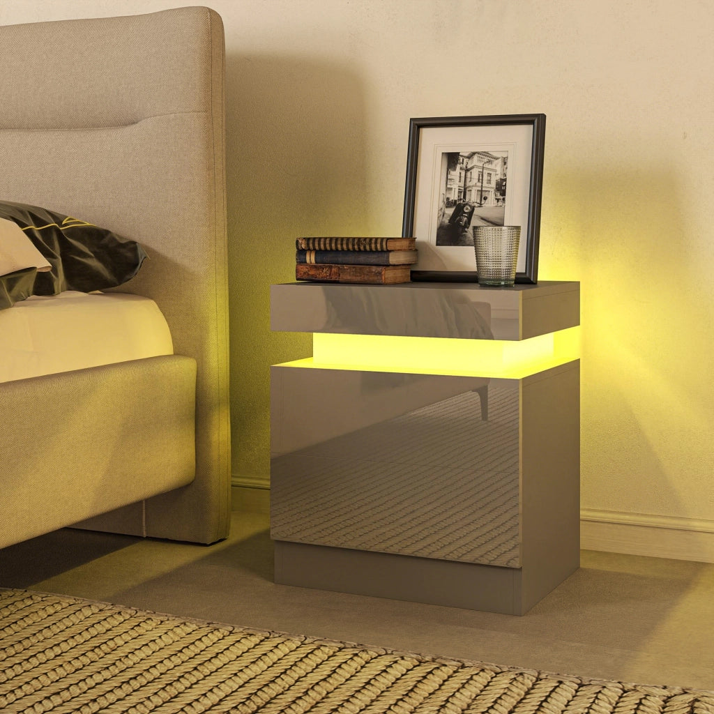 Comodino con Luci LED e 2 Cassetti ¨C zephmum ¨C Grigio 45x35x52 cm