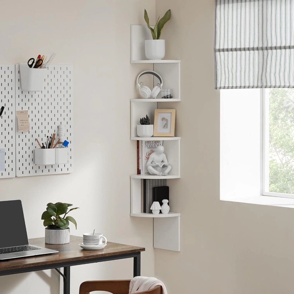 Scaffale angolare a parete bianco con 5 ripiani a zig-zag