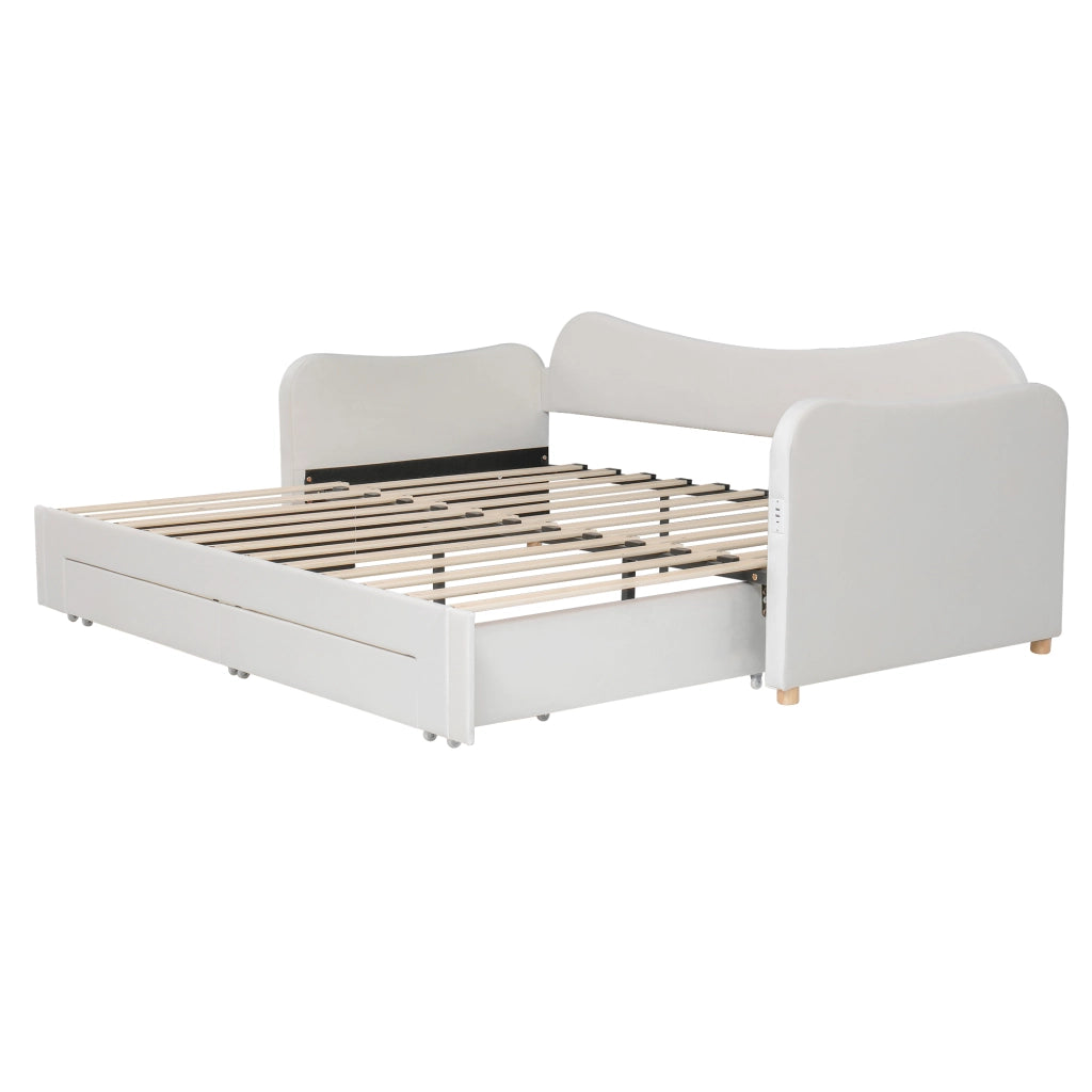 Letto Imbottito Contenitore con 2 Cassetti e USB ¨C MINIMAL ¨C Velluto Beige 90x200 cm