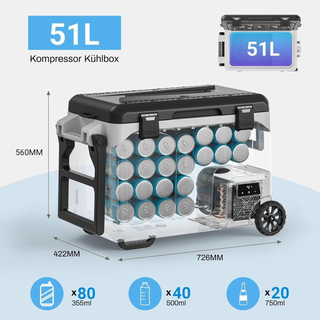 Frigorifero a Compressore 51L, Fino a -20°C, con Ruote, Scala Misura e Apriscatole, Modalità MAX/ECO, Frigorifero Auto DC 12/24 V, AC 100-240 V, Frigoriferi Portatile per Campeggio