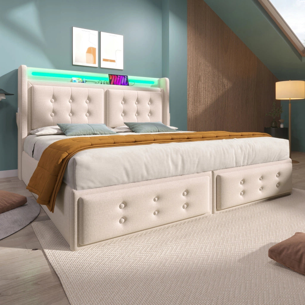 Letto imbottito 160x200 - Xylo - Beige con funzione di ricarica USB-C