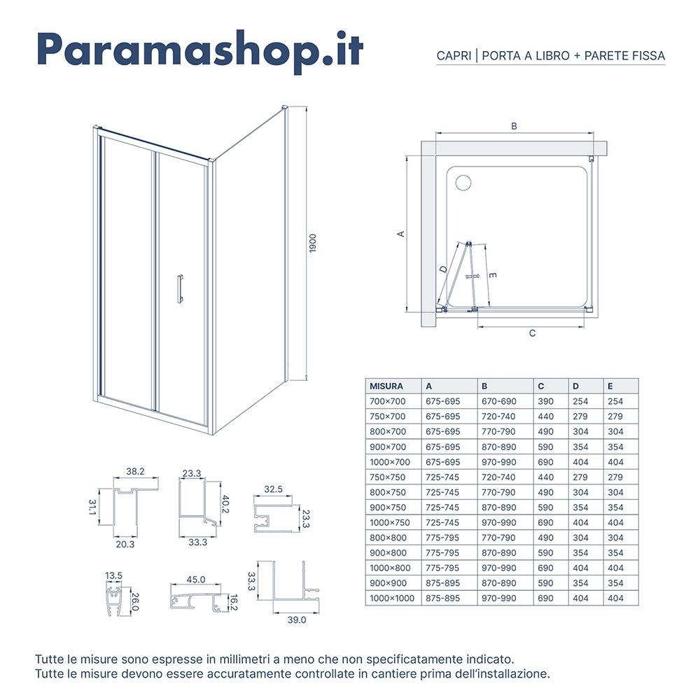 Box doccia 70x90 cm angolare profili neri apertura a libro vetro 6mm trasparente | Capri