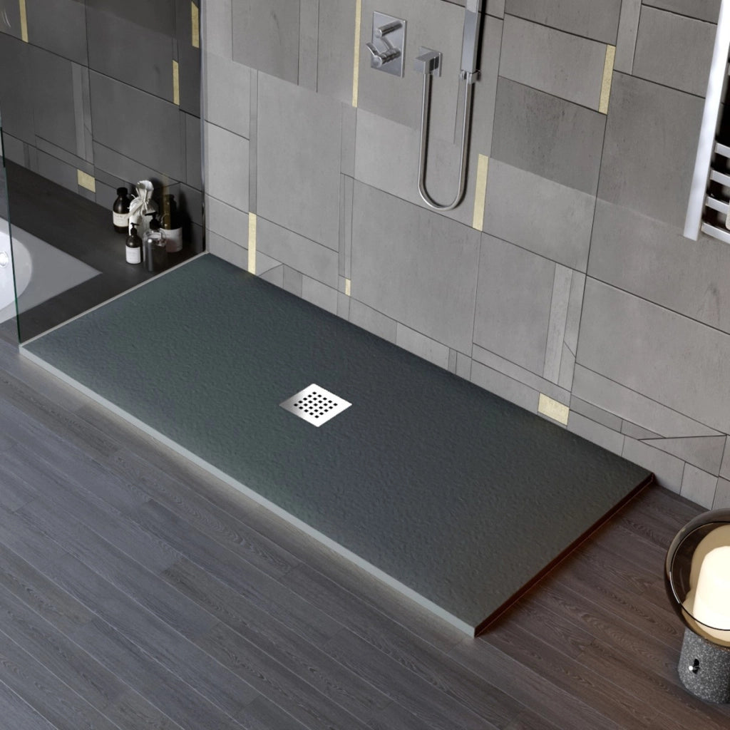 Piatto doccia in marmo resina effetto pietra con foro centrale grigio scuro chic, misura 75x140