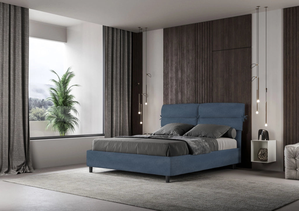 BS COM Letto matrimoniale senza rete imbottito 160x190 microfibra blu