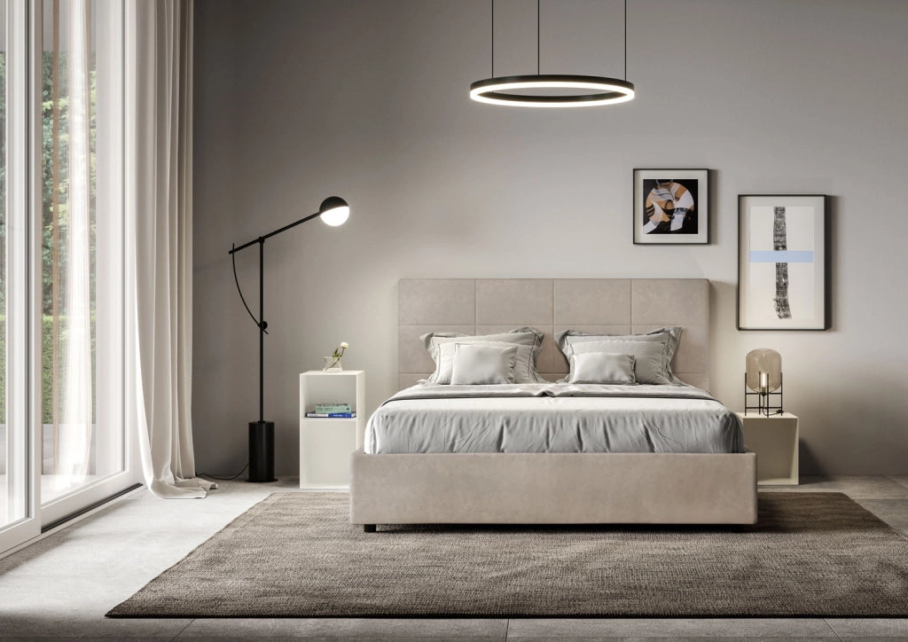 BS COM Letto queen size senza rete imbottito 150x210 microfibra sabbia
