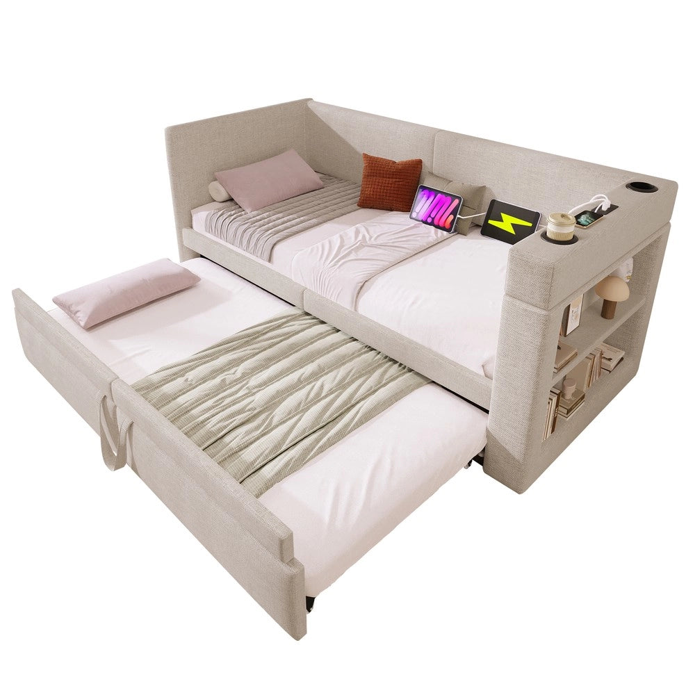 Letto Singolo Imbottito con Rete Estraibile ¨C MINIMAL ¨C Tessuto Beige 90x200
