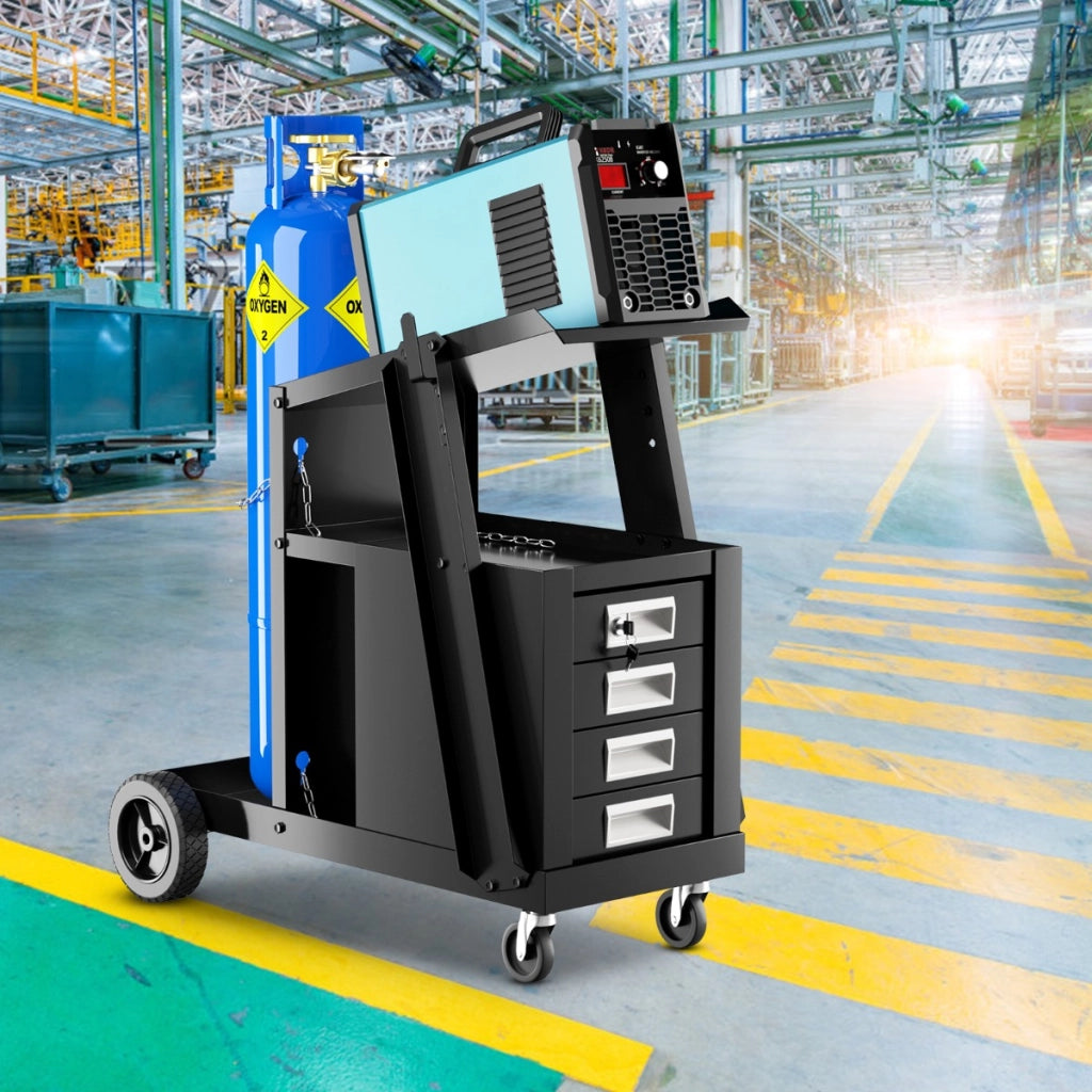 Carrello porta saldatrice con 4 cassetti ripiano per bombola e catene di sicurezza, Trolley in metallo Nero
