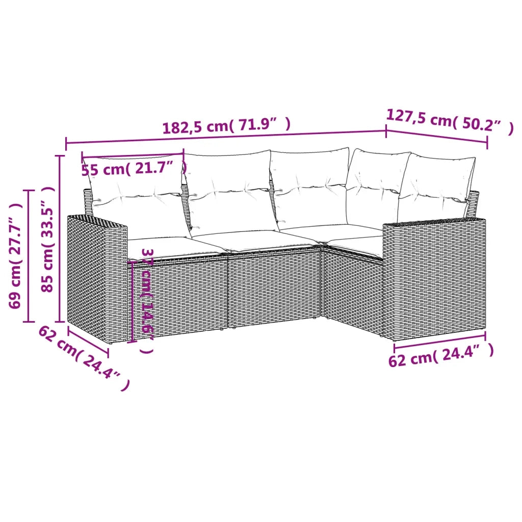 Set Divano da Giardino 4 pz con Cuscini Beige in Polyrattan