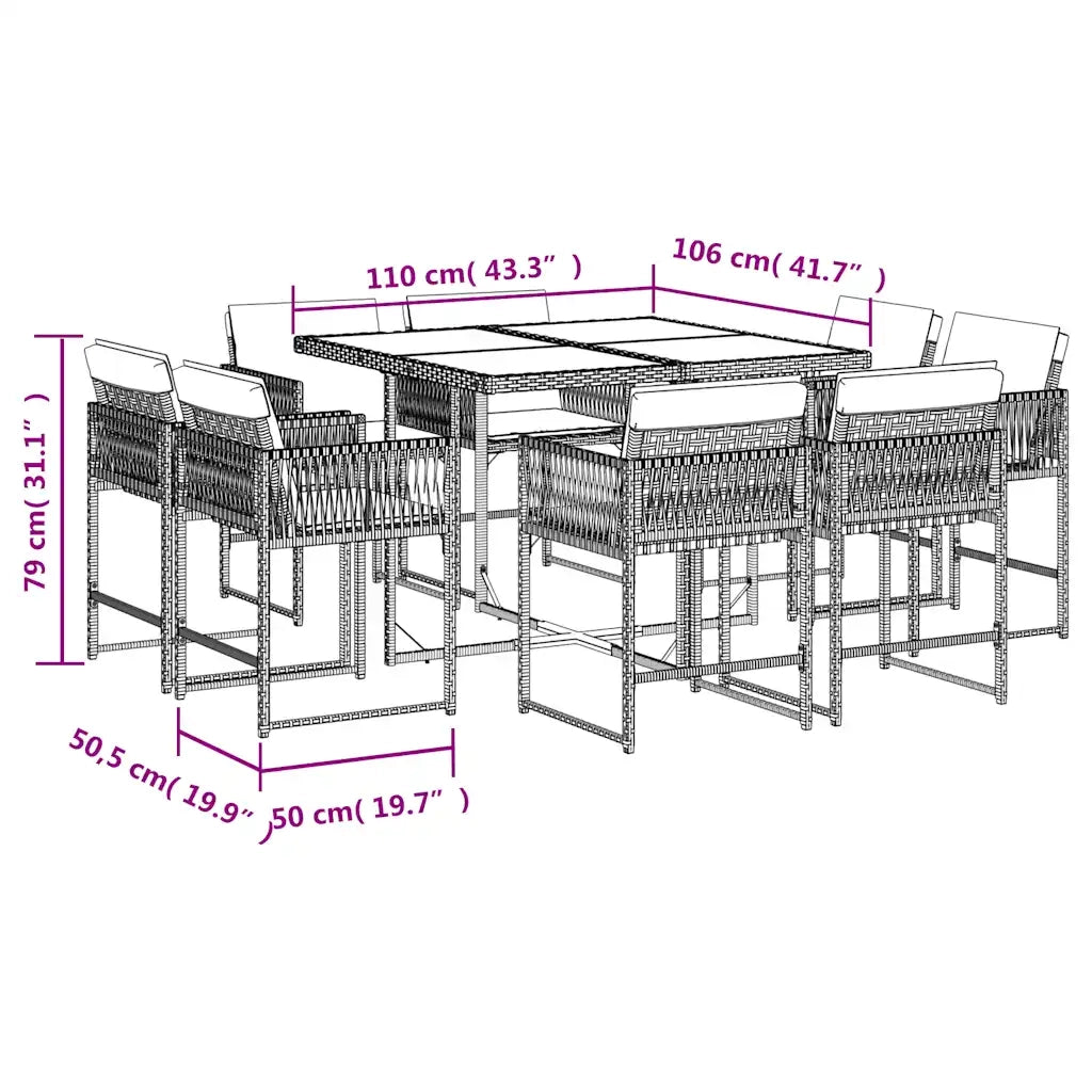 Set da Pranzo da Giardino 9pz con Cuscini Marrone in Polyrattan