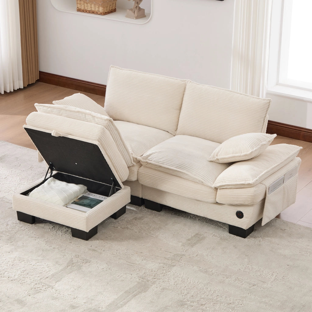 Divano 2 posti con contenitore e USB-C in corduroy beige 190×132×84 cm