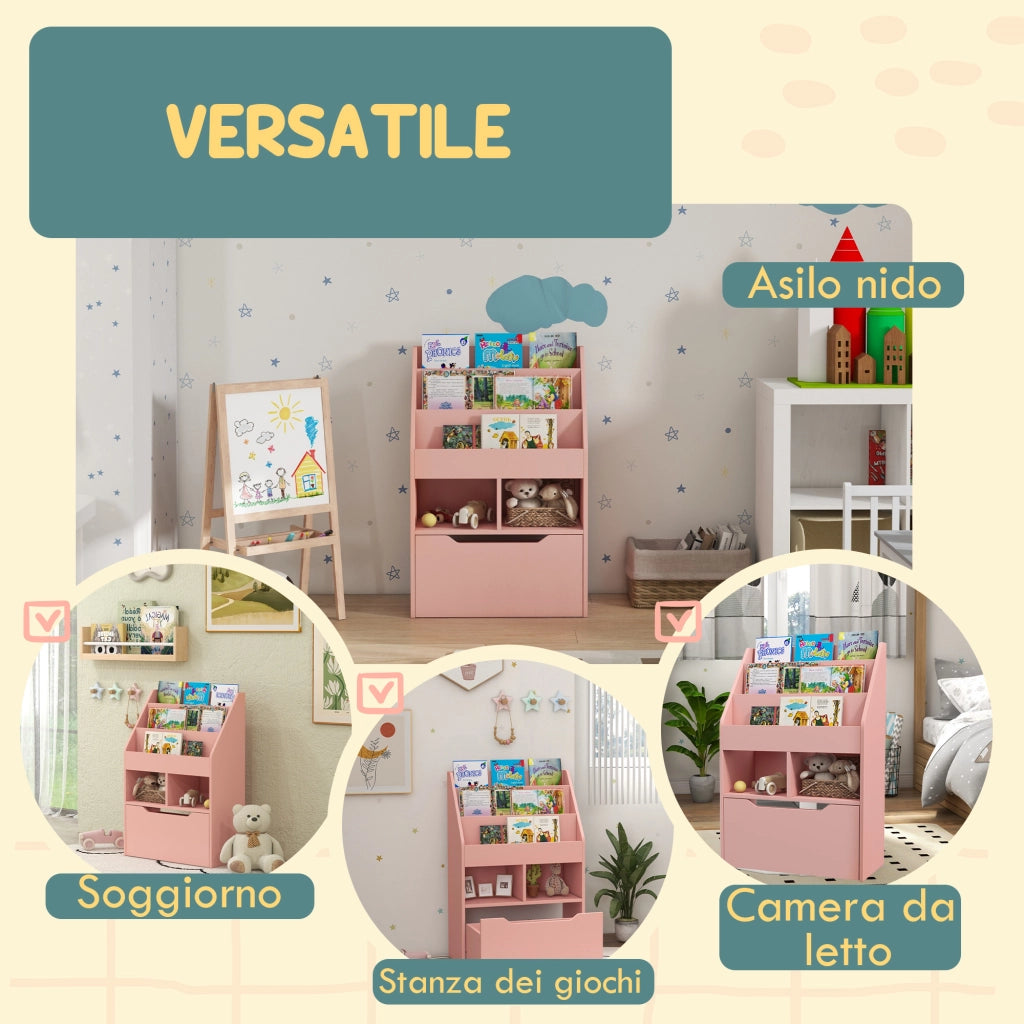 Piccola Libreria per Bambini con Ripiani e Cassetto in MDF, 60x29.9x90cm, Rosa