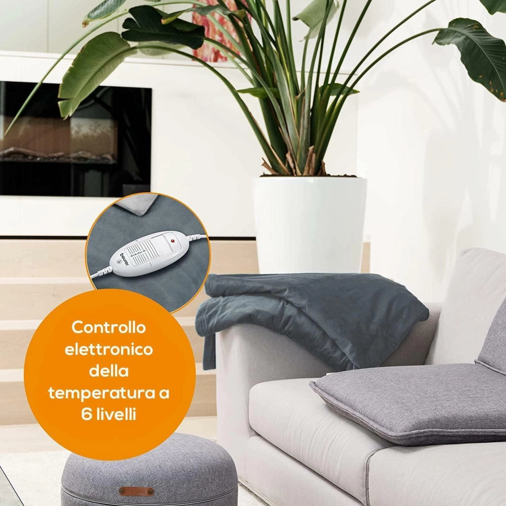 Beurer HD 75 Termocoperta Morbida Coperta Riscaldata, 6 Livelli di Temperatura, Lavabile in Lavatrice, con Spegnimento Automatico ed Extra Sicura 180 x 130 cm, Color Grigio Scuro