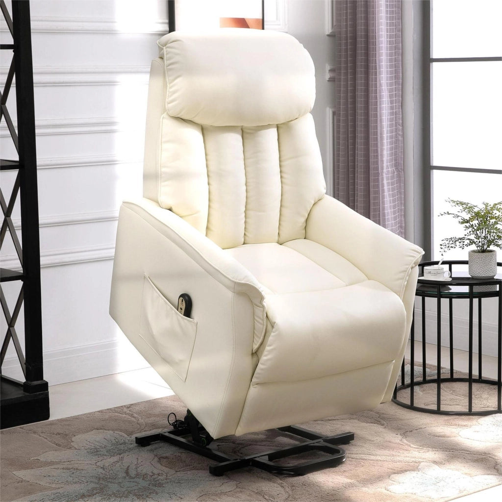 Poltrona Elettrica Reclinabile Alzapersona ¨C zephmum ¨C Crema Pelle PU con Telecomando e Poggiapiedi