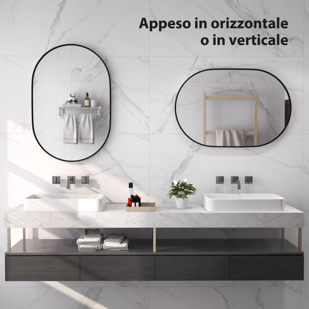 Specchio da Bagno Ovale con Cornice in Alluminio ¨C Zephmum ¨C Nero, 60x90cm