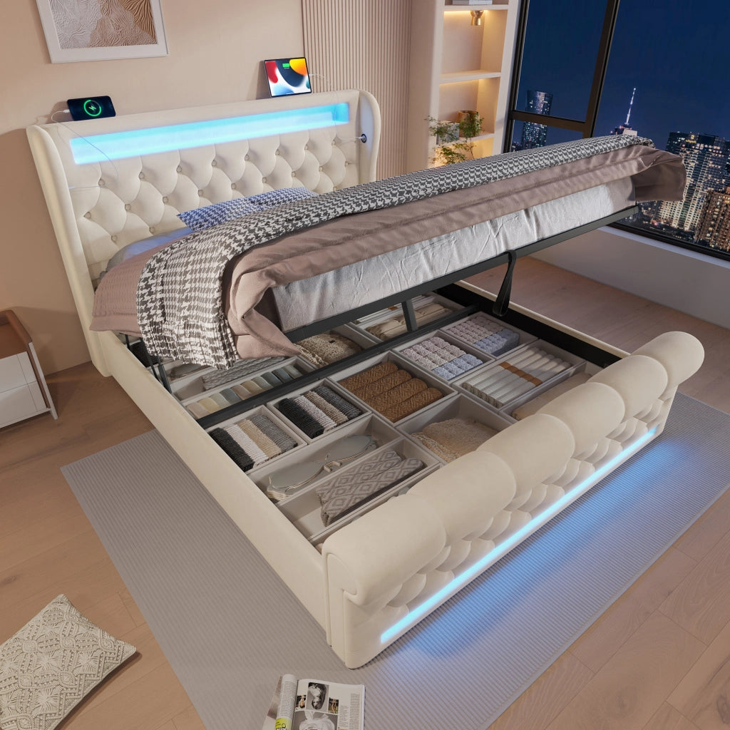 Letto Matrimoniale 160x200 cm con LED; USB e Type-C; Contenitore Idraulico; Beige