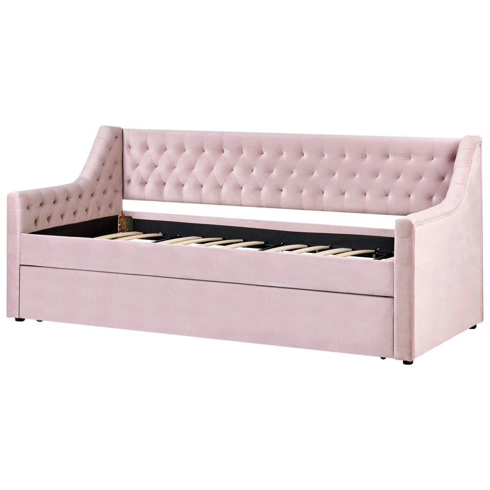 Letto singolo con letto estraibile 90 x 200 cm in Velluto Rosa con Rete a Doghe
