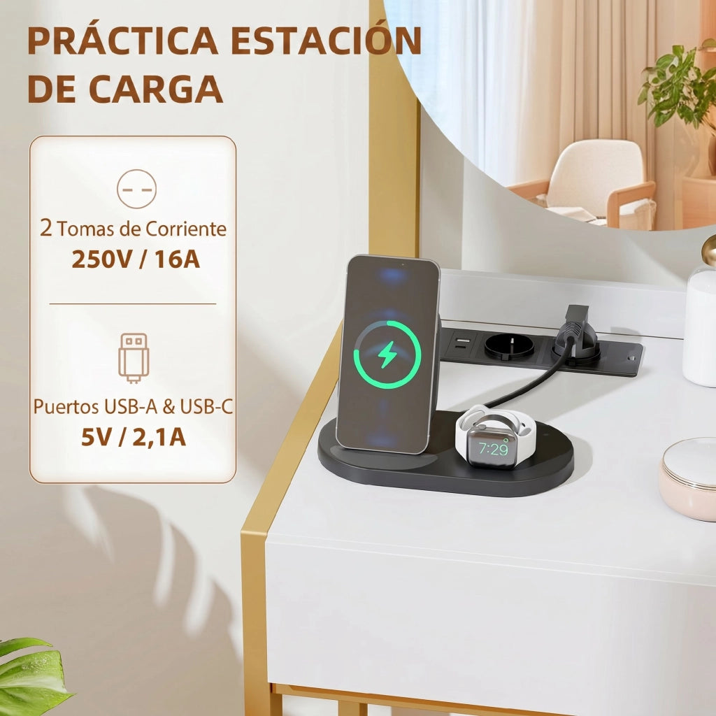 Cassettiera con Specchio e Sgabello ¨C Xylo ¨C Bianca con 2 Cassetti e 3 Ripiani