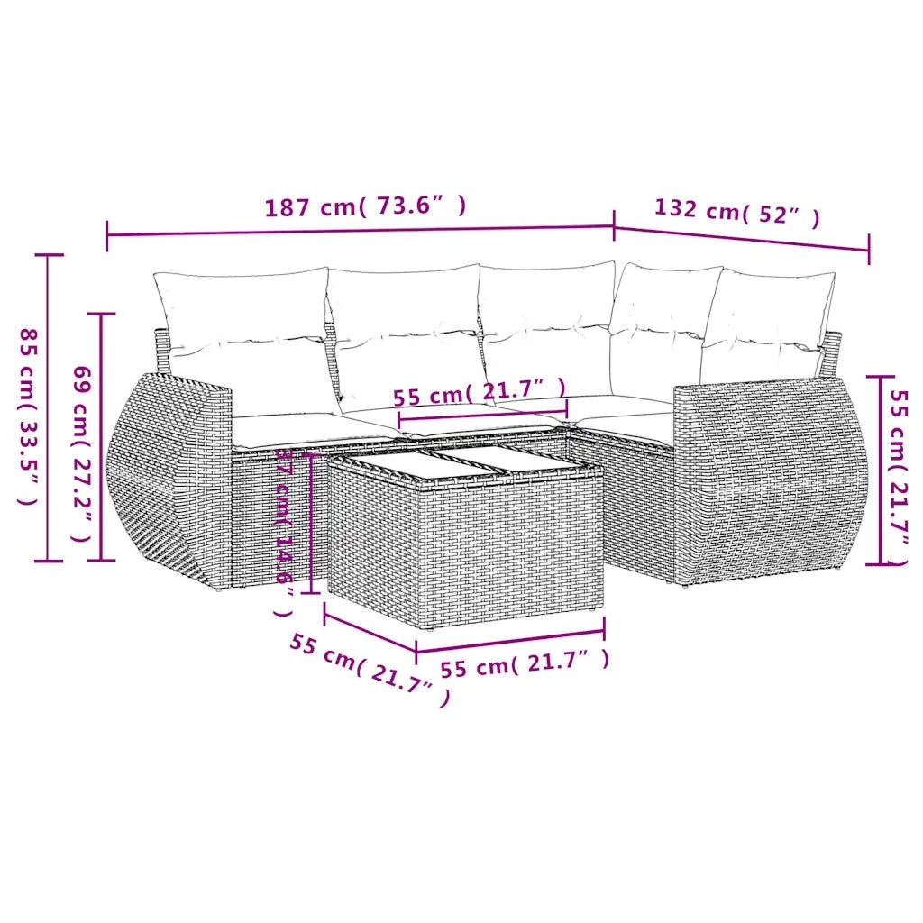Set Divano da Giardino 5pz con Cuscini Grigio Chiaro Polyrattan 3221321