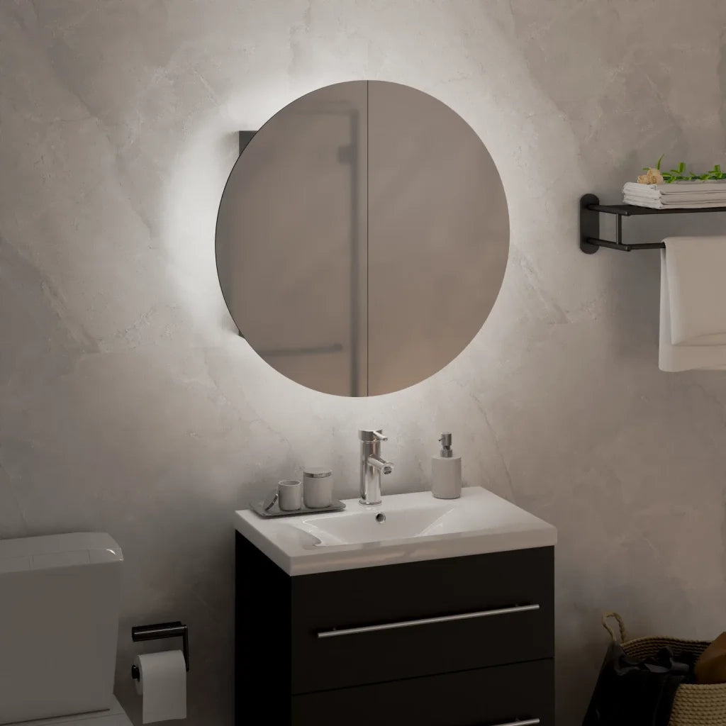 Armadio da Bagno | Mobile da Bagno con Specchio Rotondo e LED Grigio 40x40x17,5cm