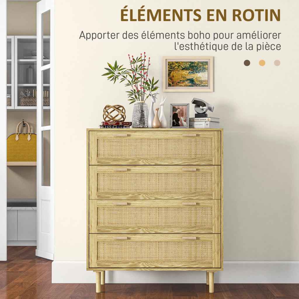Cassettiera 4 cassetti in legno e tessuto effetto rattan stile boho ¨C Xylo ¨C 90x45x108,5cm naturale