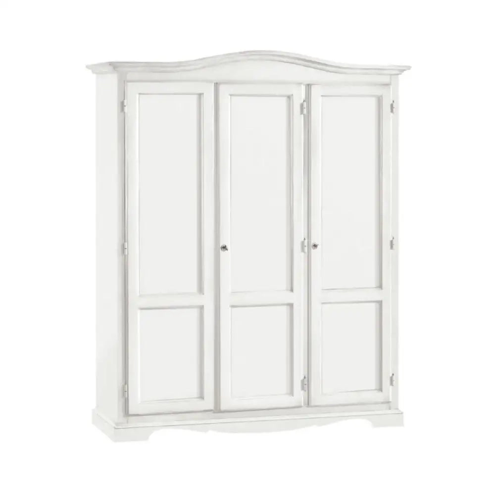 Armadio appendiabiti con bastone 3 ante e 3 ripiani arte povera in legno massello e mdf con rifinitura in bianco 158x56x197 H