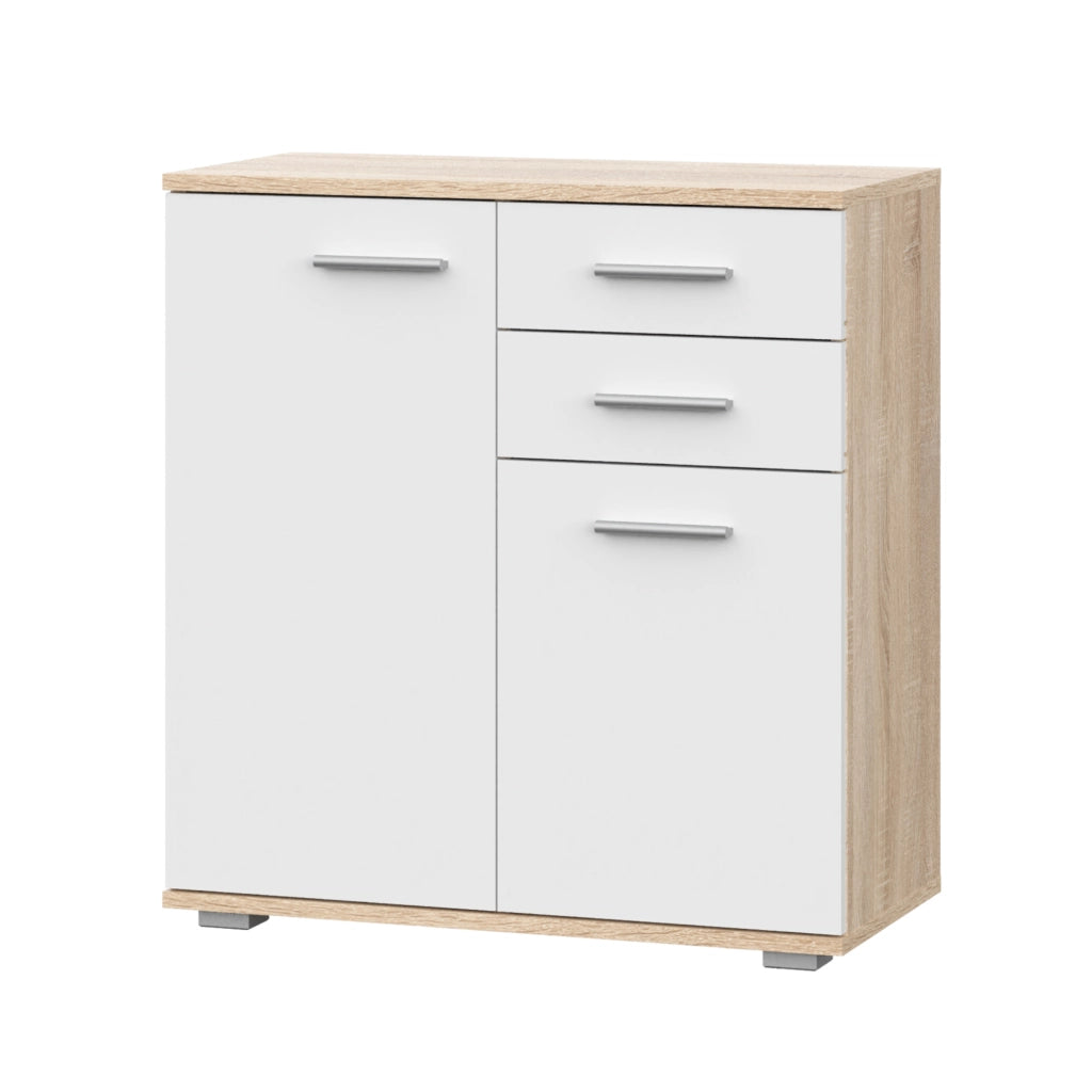 Commode FAUSKE - 2 Cassetti - 2 Porte - Quercia Sonoma - Bianco - Larghezza 69 cm, Altezza 74 cm, Profondit? 34 cm
