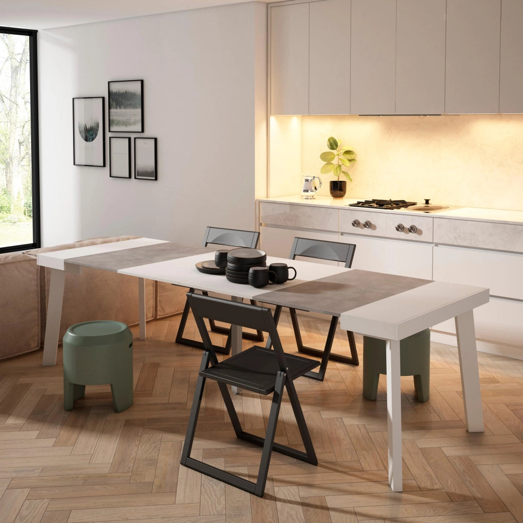 Consolle allungabile, 262x90x73cm, Per 12 persone, Gambe in legno, Bianco e grigio cemento RF3117