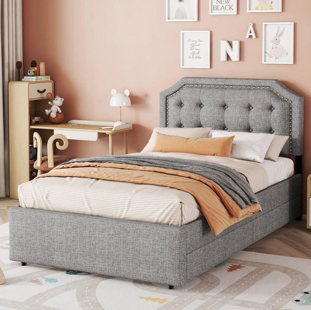 Letto imbottito 90x200 cm; con cassetti; MDF e lino; grigio