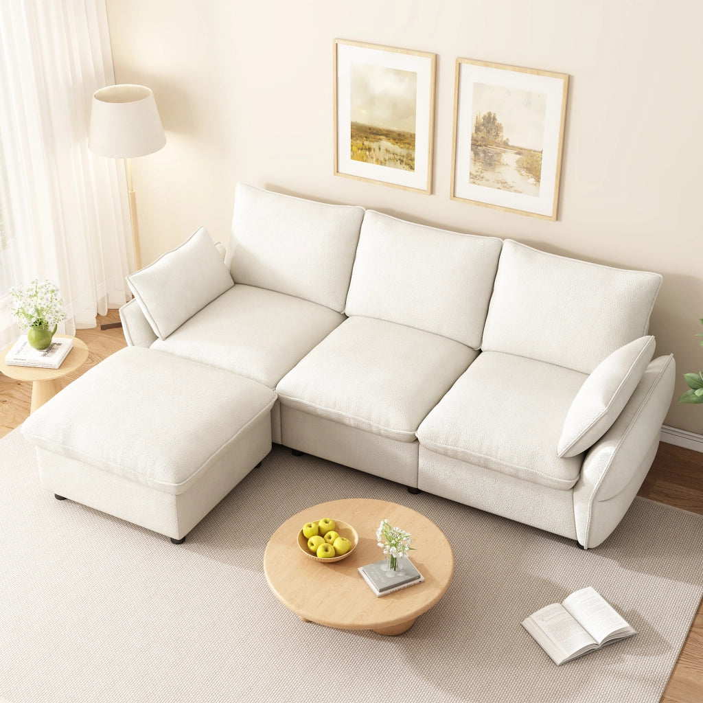 Divano angolare 3 posti - con pouf e 2 cuscini - per soggiorno e casa - in chenille beige