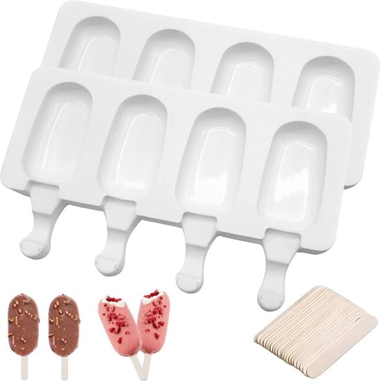 Forme per gelato in silicone - 2 pezzi Mini-forme per bastoncini di gelato - 4 cavità - 24 stecchi in legno - Senza BPA - Sicuro per l'alimentazione e duraturo - Forme per gelato