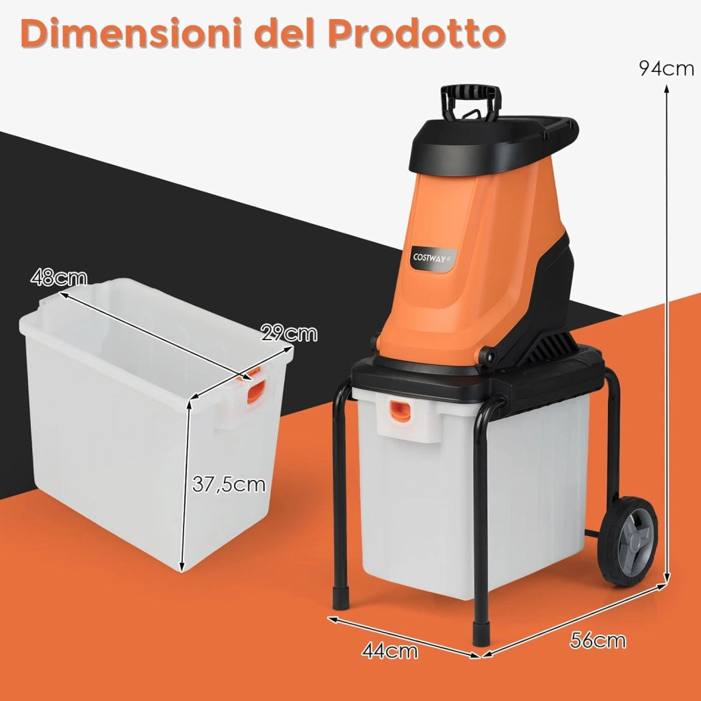 2800W Biotrituratore Elettrico per Rami, Trituratore da Giardino con Cesto da 50L e Ruote, Diametro di Taglio 4,5 cm, Rapporto di Riduzione 15:1, Trituratore Rami per Cortile (Arancione)