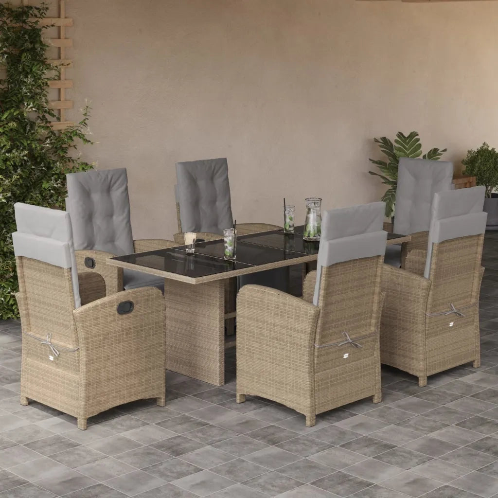 Set da Pranzo da Giardino 7 pz con Cuscini Beige in Polyrattan