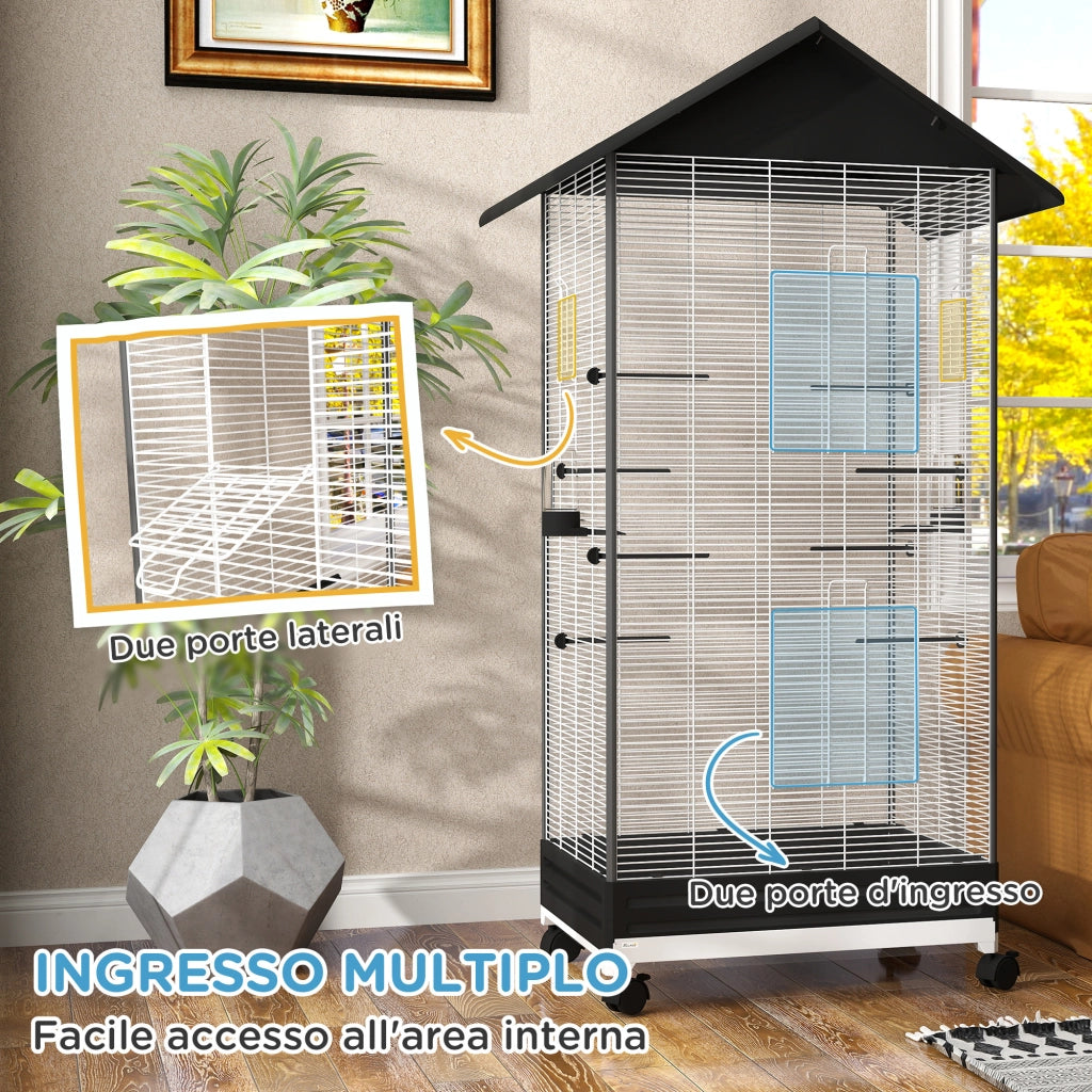 Gabbia per Uccelli Voliera con Ruote e Vassoio Estraibile ¨C Minimal ¨C Nero 155 cm