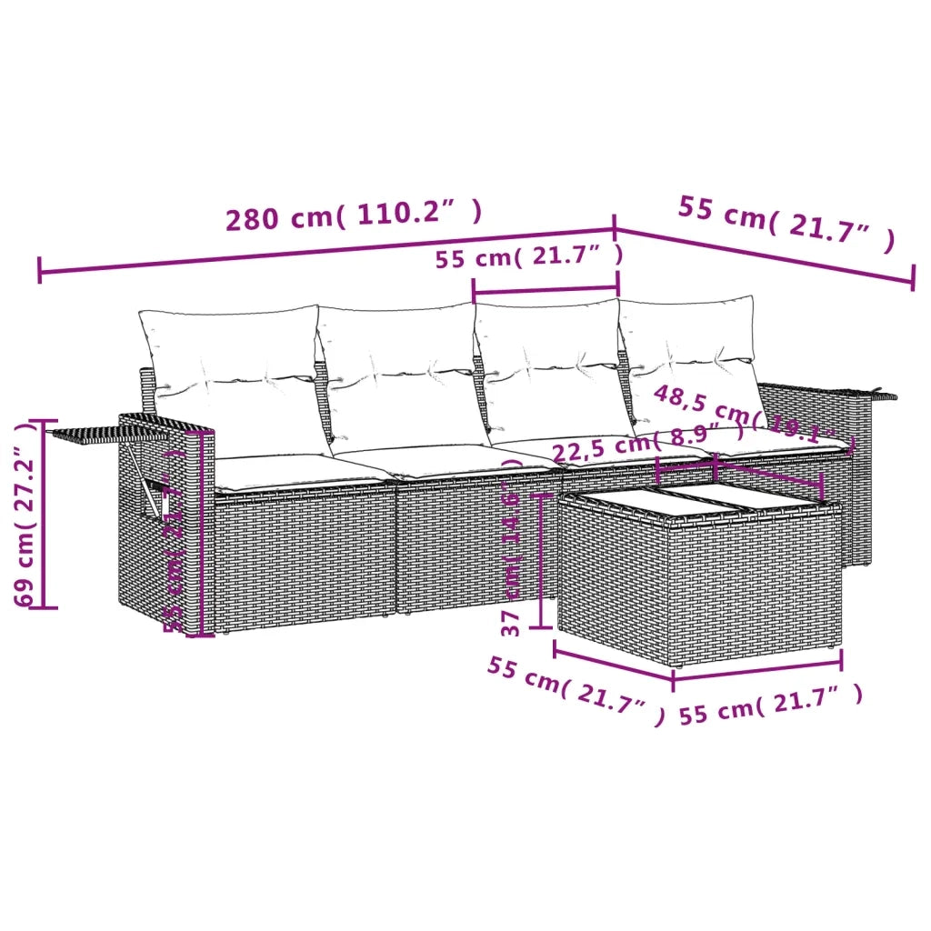 Set Divani da Giardino 5 pz con Cuscini in Polyrattan Nero