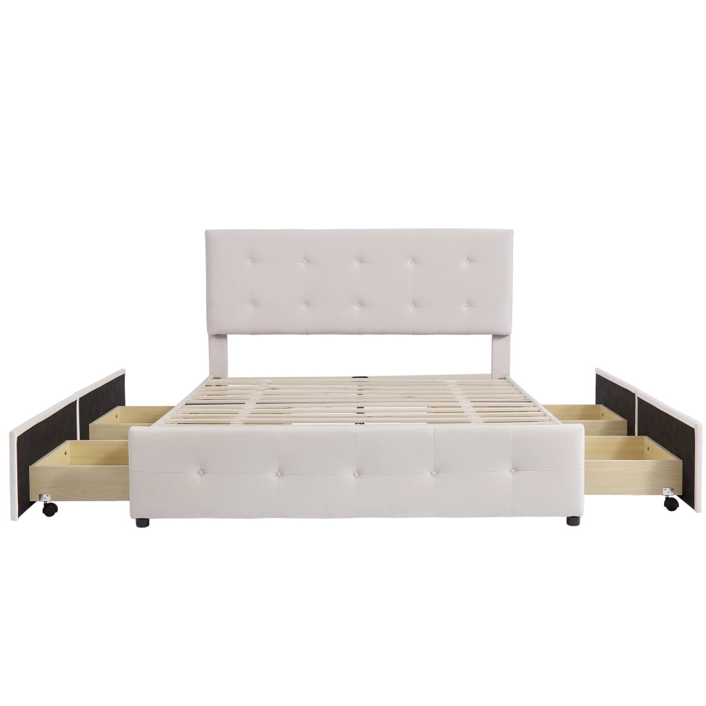 Letto Imbottito Matrimoniale con Cassetti e Rete ¨C MINIMAL ¨C Velluto Beige 140x200