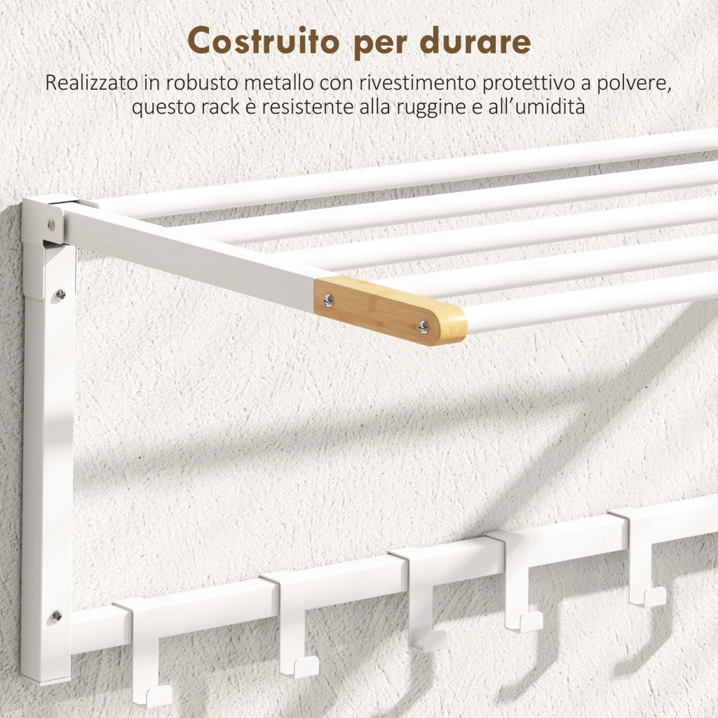 Portasciugamani a Parete Pieghevole ¨C Xylo ¨C Legno e Acciaio, 5 Barre, 6 Ganci, 60x32.5x20 cm, Bianco