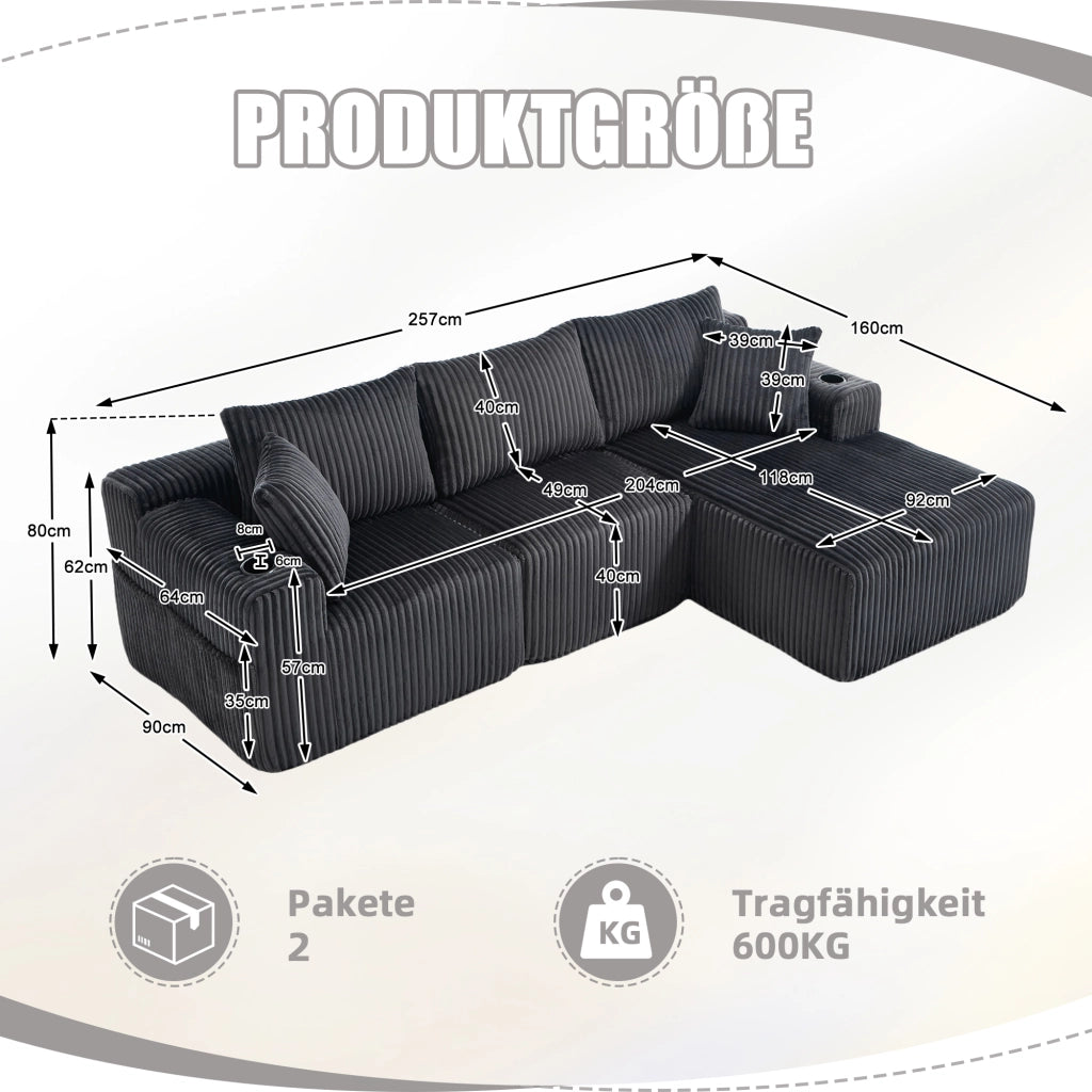 Divano modulare con chaise longue e 2 posti, tasche laterali, portabicchieri e 5 cuscini in tessuto a coste grigio