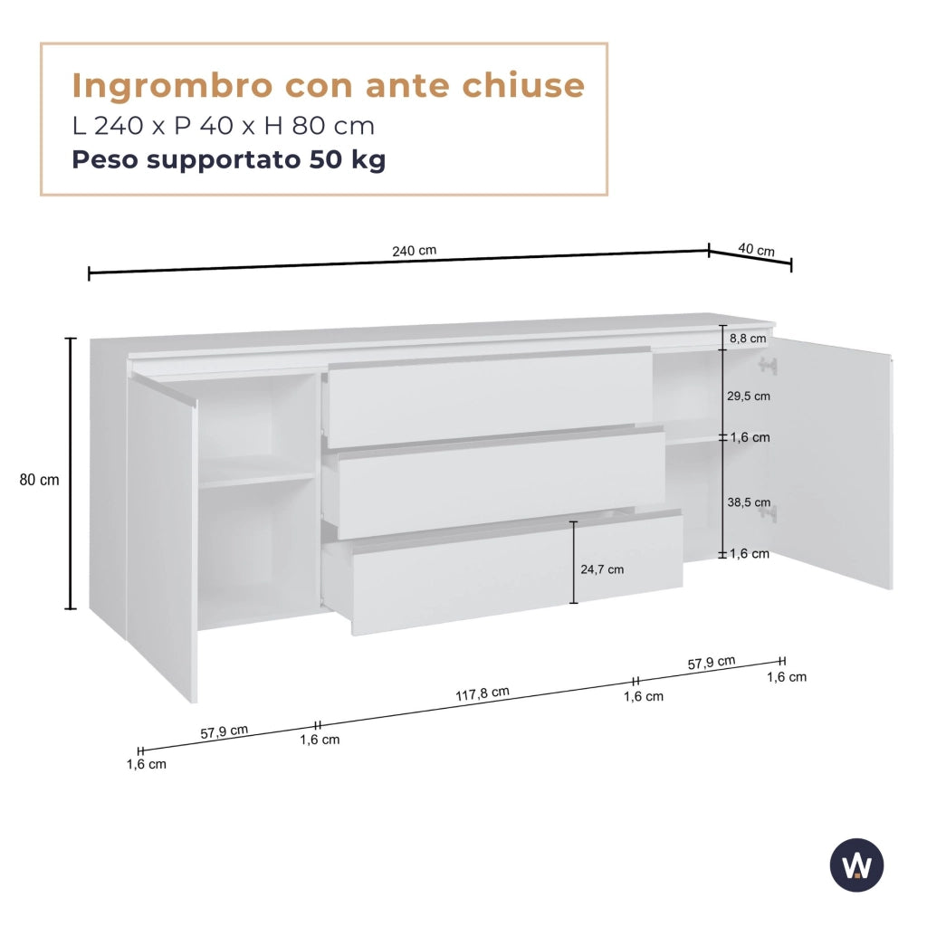 WHOUS Credenza Magic 2 ante e 3 cassetti centrali cashmere 240x40x80 cm