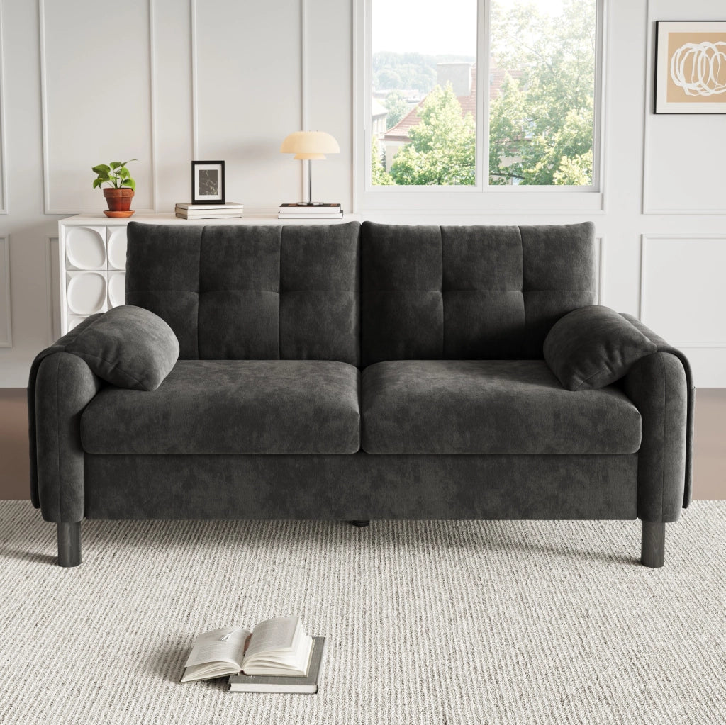 Divano 2 posti in chenille grigio 158 x 80 x 88;5 cm; con tasche laterali e cuscini