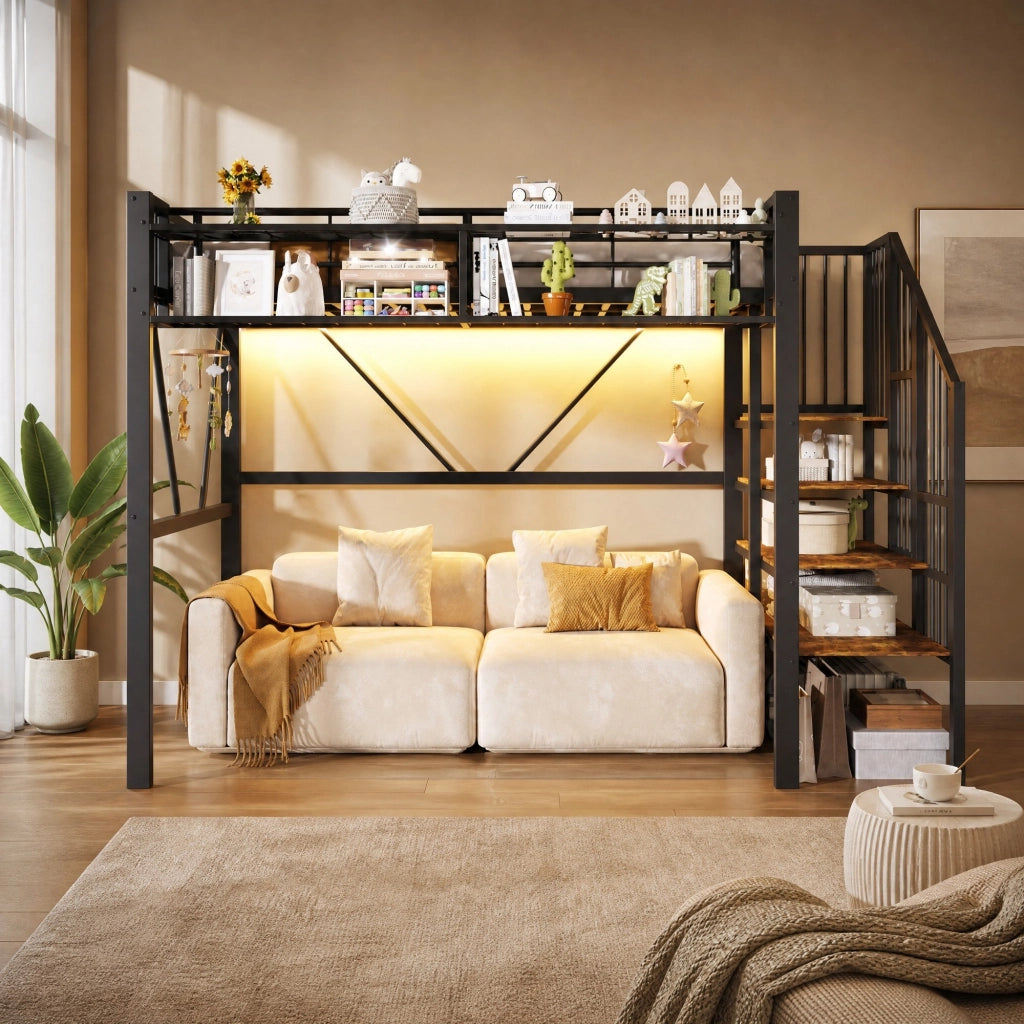 Letto a soppalco 90x200 cm in metallo e MDF con scala contenitore; LED; nero