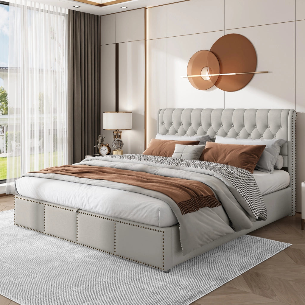 Letto Contenitore Imbottito ¨C MINIMAL ¨C Grigio Chiaro, Idraulico, 160x200