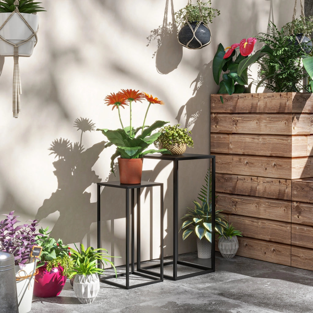 Set di 2 supporti per piante, sgabelli per piante con gambe in acciaio, design scandinavo, supporti per fiori da giardino e balcone, neri