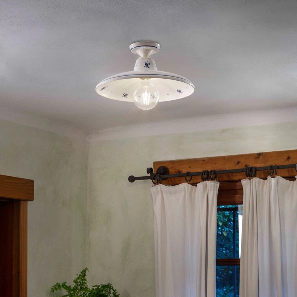 Plafoniera Classica Como Ceramica Bianco Decorato Filo Blu 1 Luce E27
