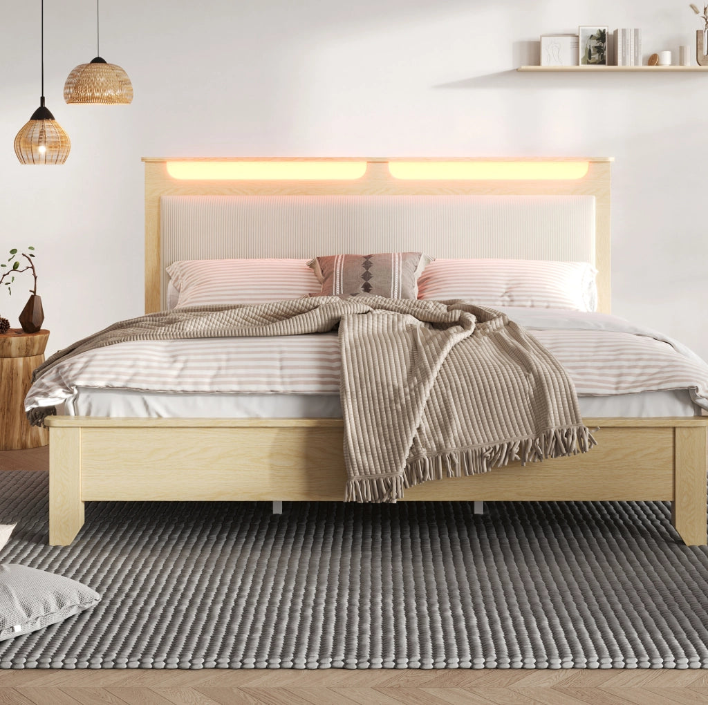 Letto matrimoniale 140x200 cm con LED e contenitore; beige e rovere chiaro