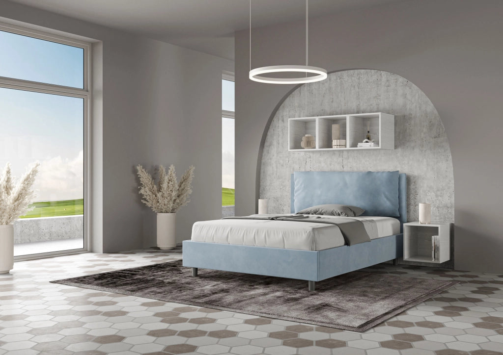 BS COM Letto matrimoniale francese contenitore imbottito 140x200 microfibra azzurro Large