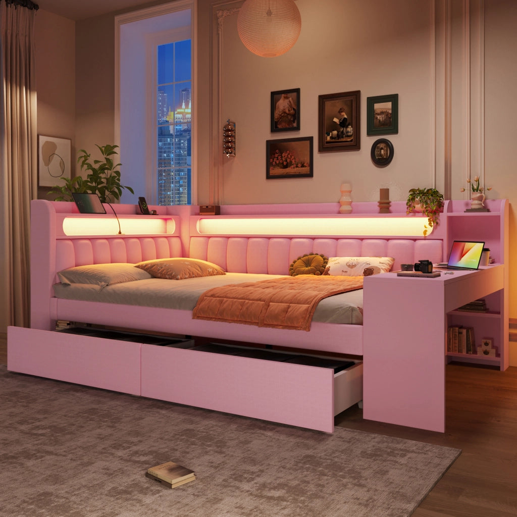 Letto imbottito 140x200 - Zephmum - Rosa con USB, LED, scrivania e 2 cassetti