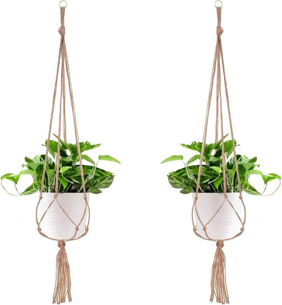 Hanger per piante 2 in 1 - appoggio fiori con anello di chiave - decorazione per giardino per interni ed esterni - corda di cotone manuale - per vasi rotondi e quadrati - 104 cm di lunghezza - 4 gambe