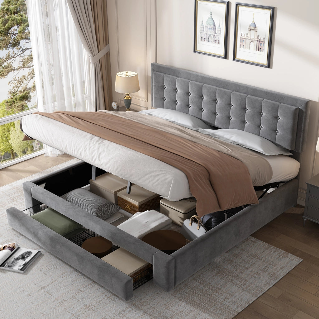 letto con contenitore in velluto grigio 160 x 200 cm