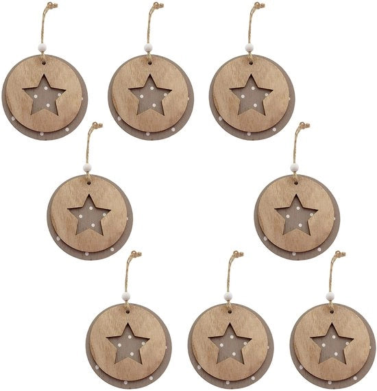 Set di decorazioni natalizie in legno da 8 pezzi - Ø 9 cm - effetto 3D - corda di juta - ideale per la decorazione natalizia