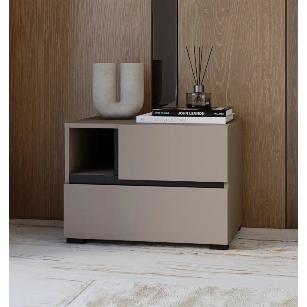 Tavolino da notte HAVANA beige e nero – 2 cassetti e 1 nicchia – Contenitore moderno ed elegante design
